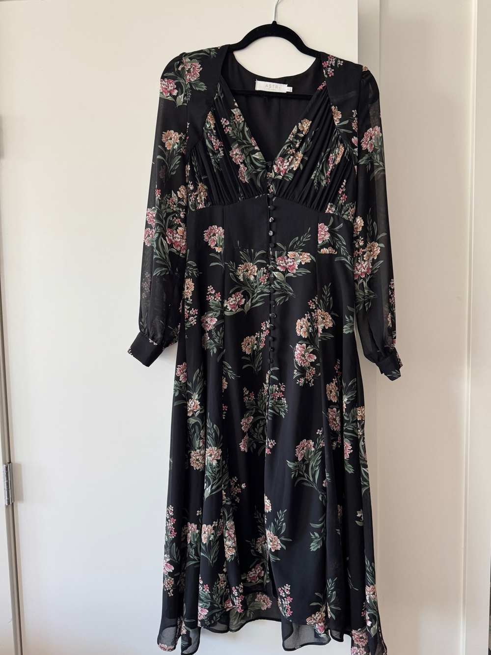 Floral V-Neck Midi Dress - Black with Pink Floral